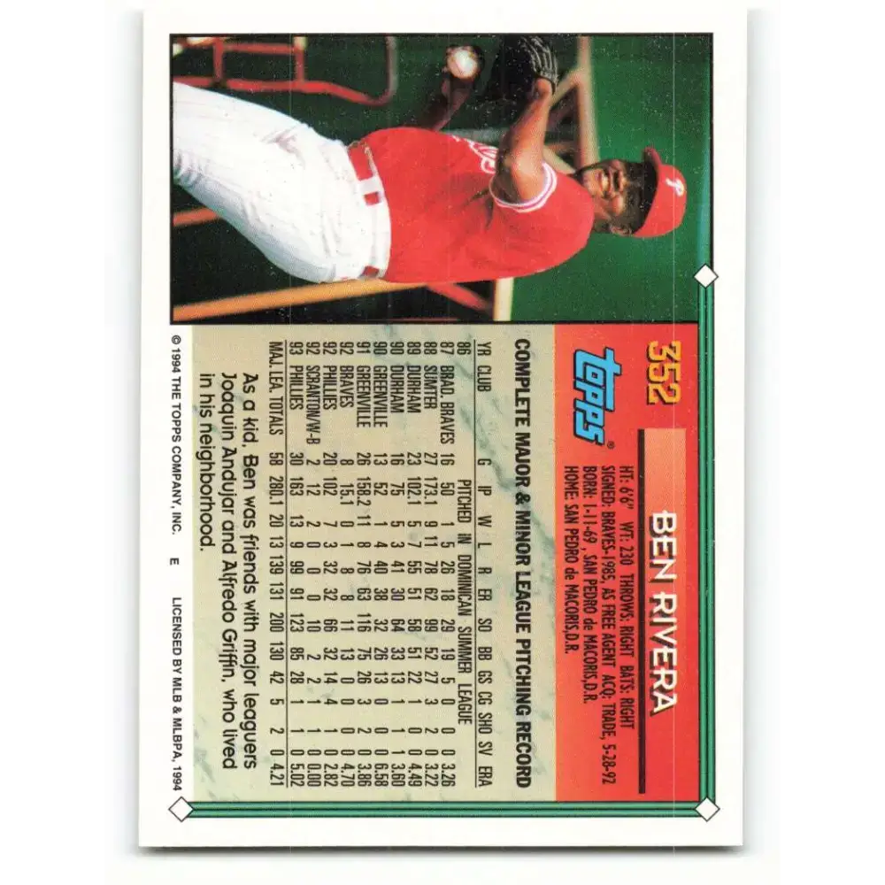 1994 Topps #352 Ben Rivera EX Excellent Philadelphia Phillies Baseball Card - Baseball Card Single