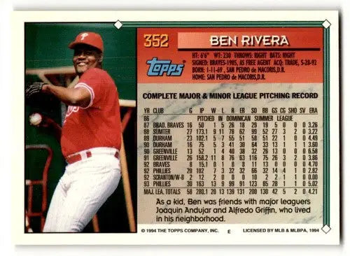 1994 Topps Ben Rivera NrMt baseball card with pitching statistics, product ID 47003
