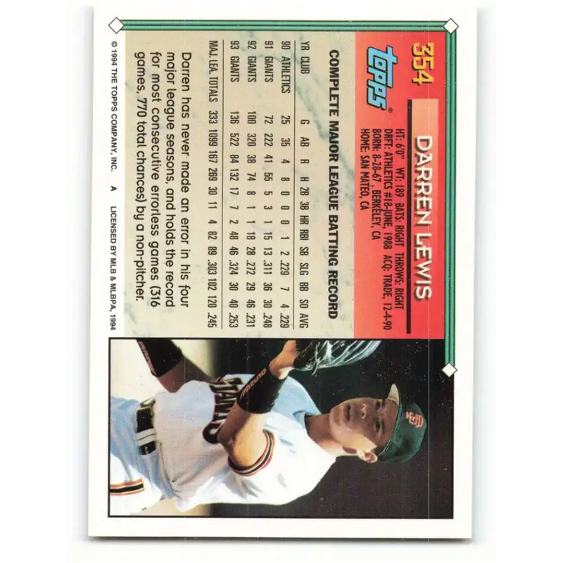 1994 Topps #354 Darren Lewis EX Excellent San Francisco Giants Baseball Card - Baseball Card Single