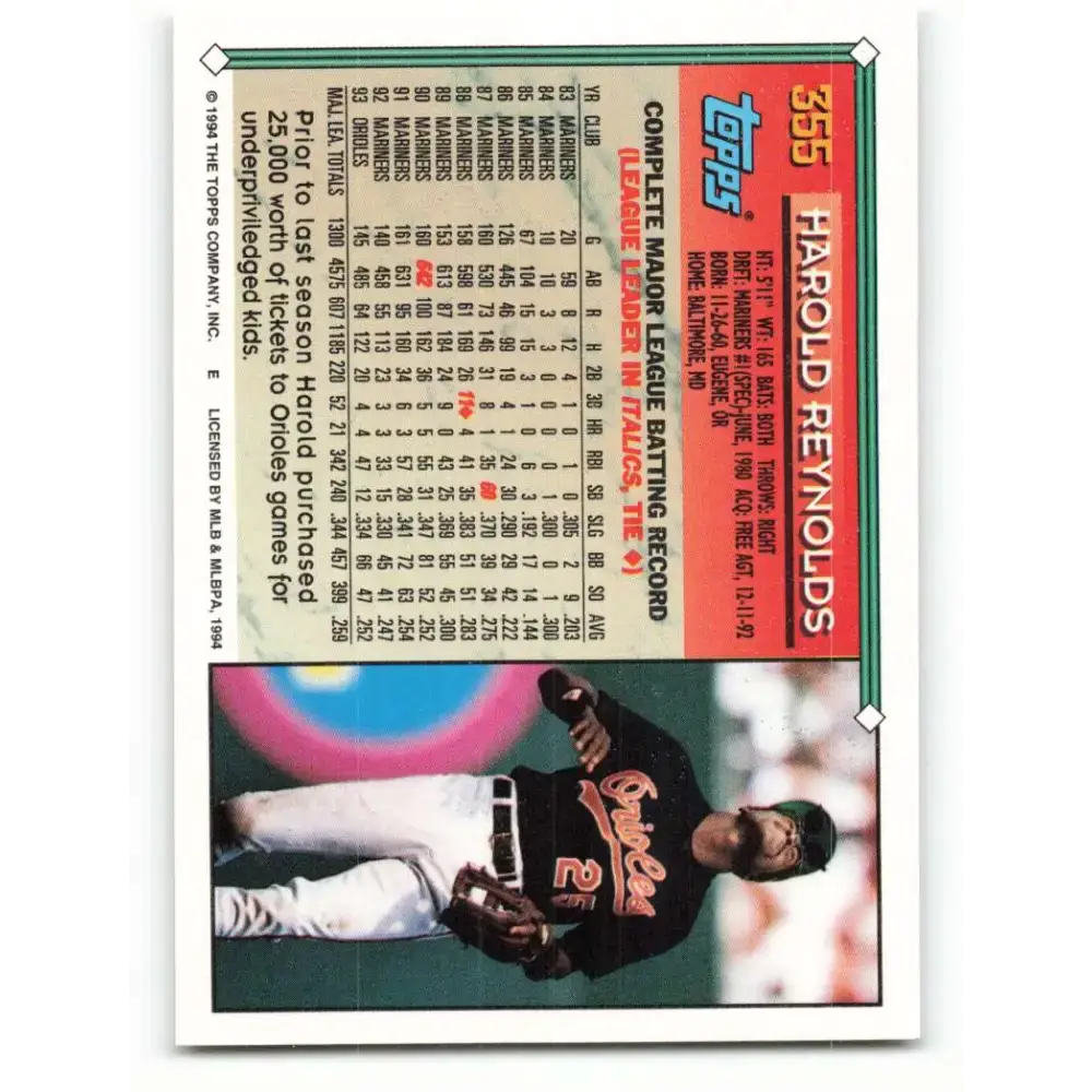 1994 Topps #355 Harold Reynolds EX Excellent Baltimore Orioles Baseball Card - Baseball Card Single