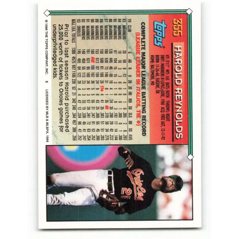 1994 Topps #355 Harold Reynolds EX Excellent Baltimore Orioles Baseball Card - Baseball Card Single