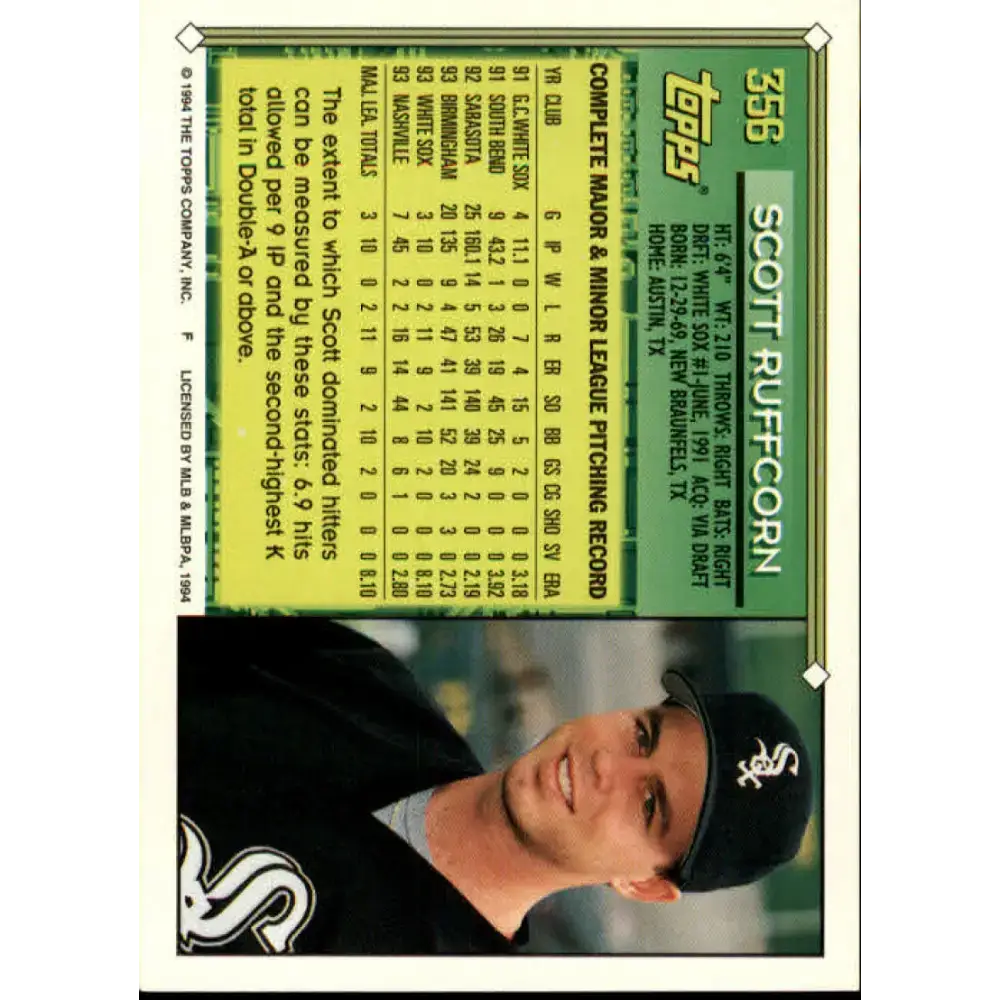 1994 Topps #356 Scott Ruffcorn EX Excellent Chicago White Sox Baseball Card - Baseball Card Single