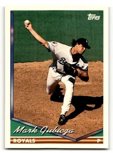 Vintage baseball trading card featuring Mark Gubicza pitching from 1994 Topps #357