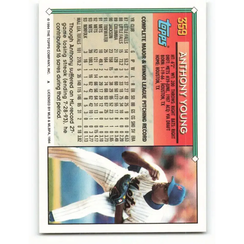 1994 Topps #359 Anthony Young EX Excellent New York Mets Baseball Card - Baseball Card Single