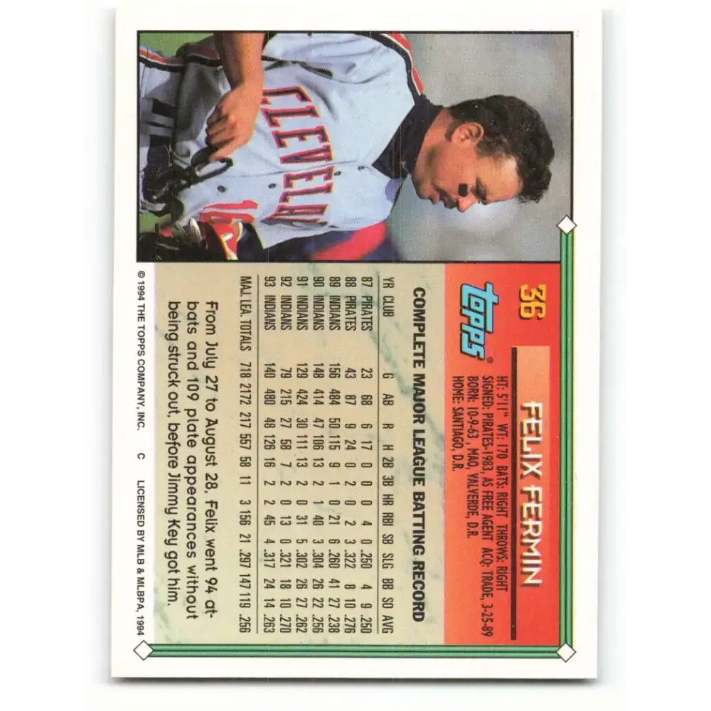 1994 Topps #36 Felix Fermin EX Excellent Cleveland Indians Baseball Card - Baseball Card Single