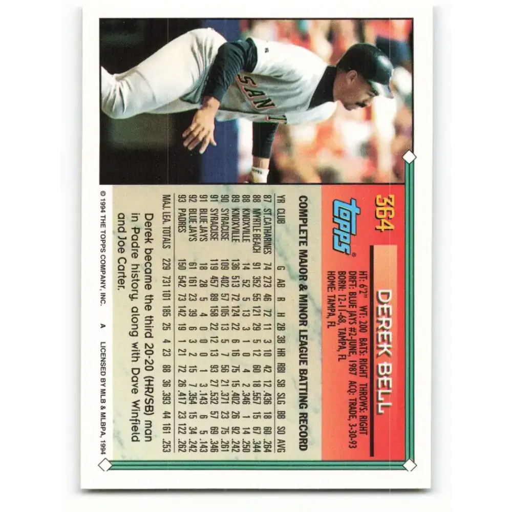 1994 Topps #364 Derek Bell EX Excellent San Diego Padres Baseball Card - Baseball Card Single