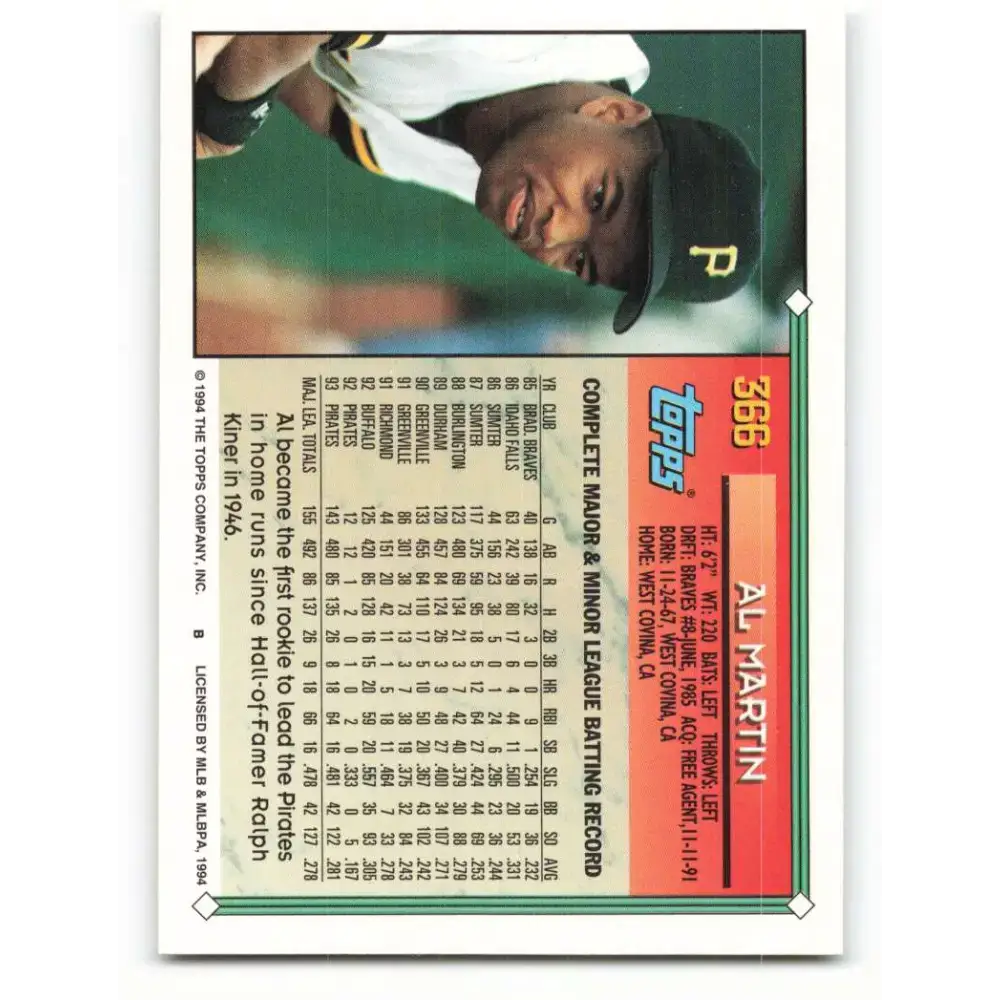 1994 Topps #366 Al Martin EX Excellent Pittsburgh Pirates Baseball Card - Baseball Card Single