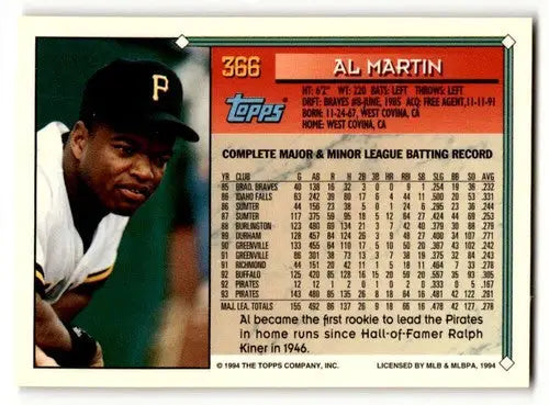 1994 Topps #366 Al Martin Pittsburgh Pirates Baseball Cards EX/NM ID:61680 - Baseball Card Single