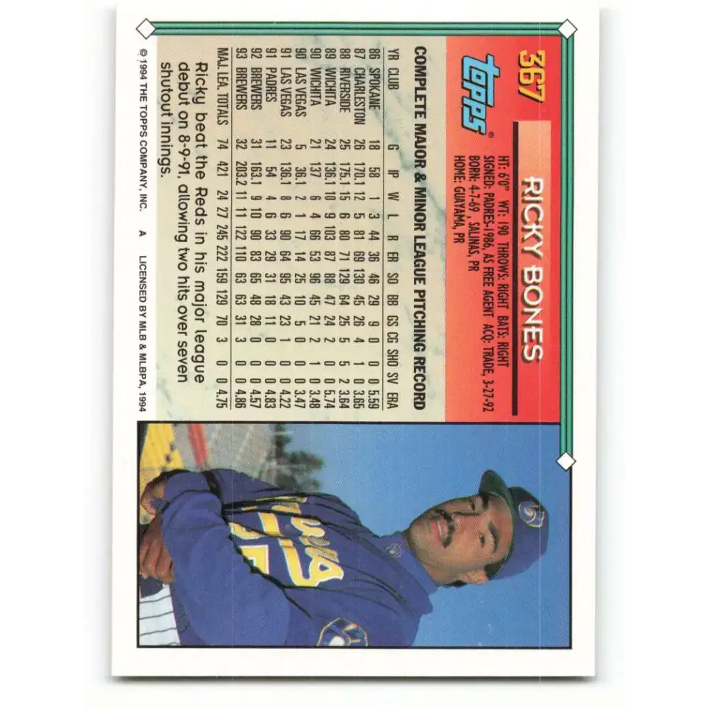 1994 Topps #367 Ricky Bones EX Excellent Milwaukee Brewers Baseball Card - Baseball Card Single