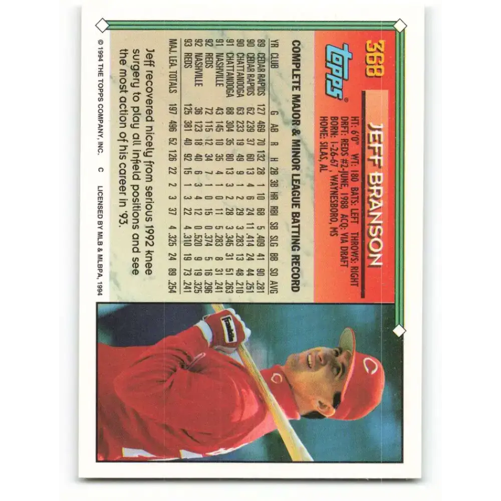 1994 Topps #368 Jeff Branson EX Excellent Cincinnati Reds Baseball Card - Baseball Card Single