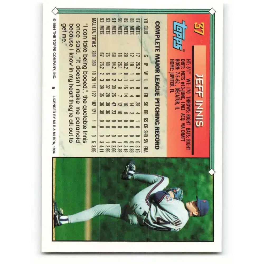 1994 Topps #37 Jeff Innis EX Excellent New York Mets Baseball Card - Baseball Card Single