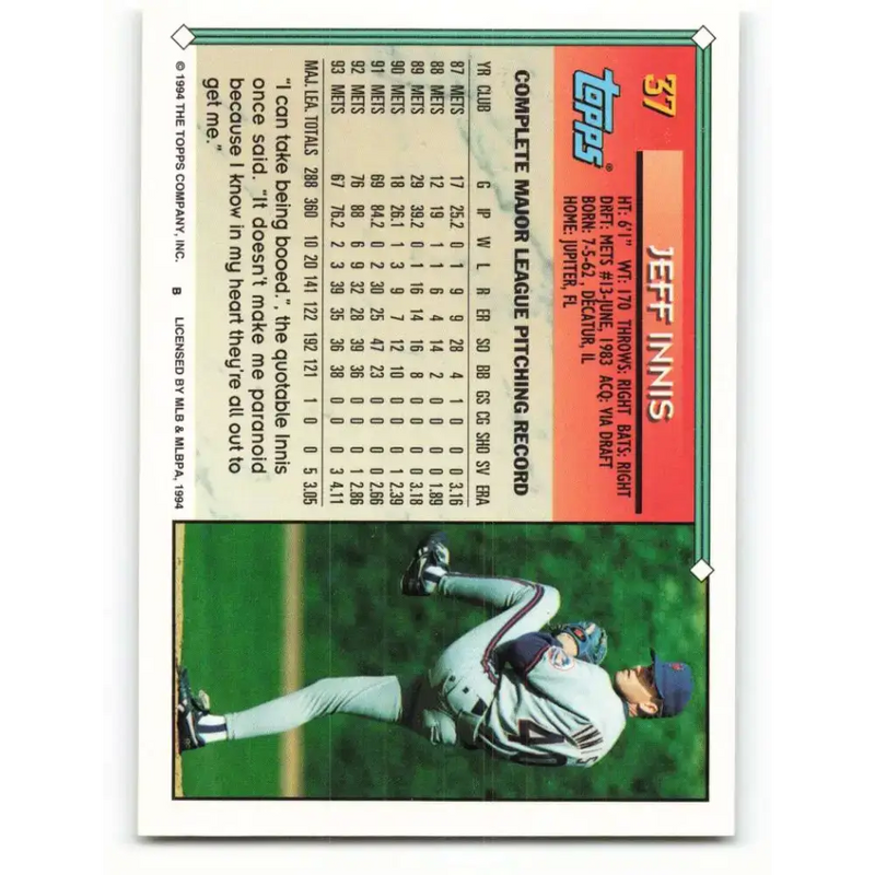 1994 Topps #37 Jeff Innis EX Excellent New York Mets Baseball Card - Baseball Card Single