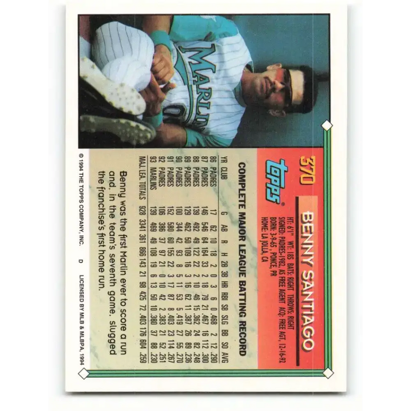 1994 Topps #370 Benito Santiago EX Excellent Florida Marlins Baseball Card - Baseball Card Single