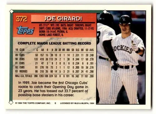 Original gloss Joe Girardi Colorado Rockies baseball card from 1994 Topps #372