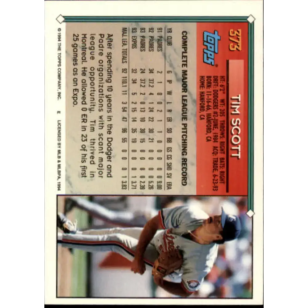 1994 Topps #373 Tim Scott EX Excellent Montreal Expos Baseball Card - Baseball Card Single