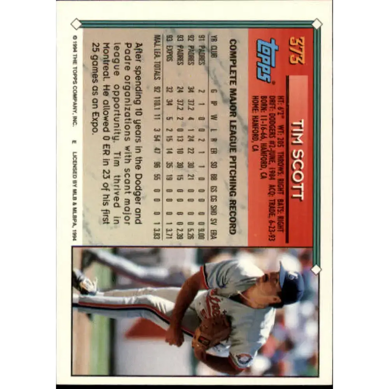 1994 Topps #373 Tim Scott EX Excellent Montreal Expos Baseball Card - Baseball Card Single