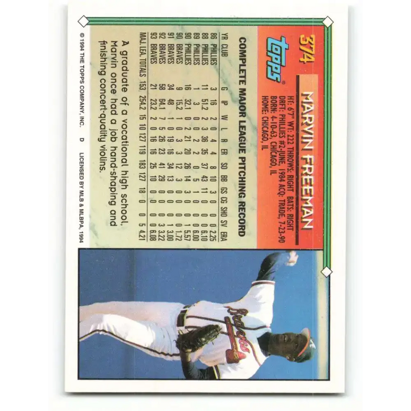 1994 Topps #374 Marvin Freeman EX Excellent Atlanta Braves Baseball Card - Baseball Card Single