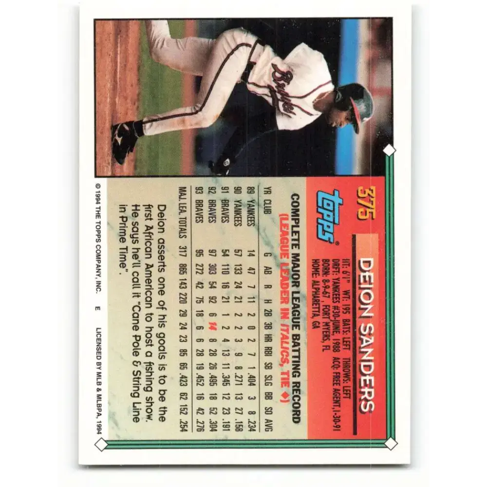 1994 Topps #375 Deion Sanders EX Excellent Atlanta Braves Baseball Card