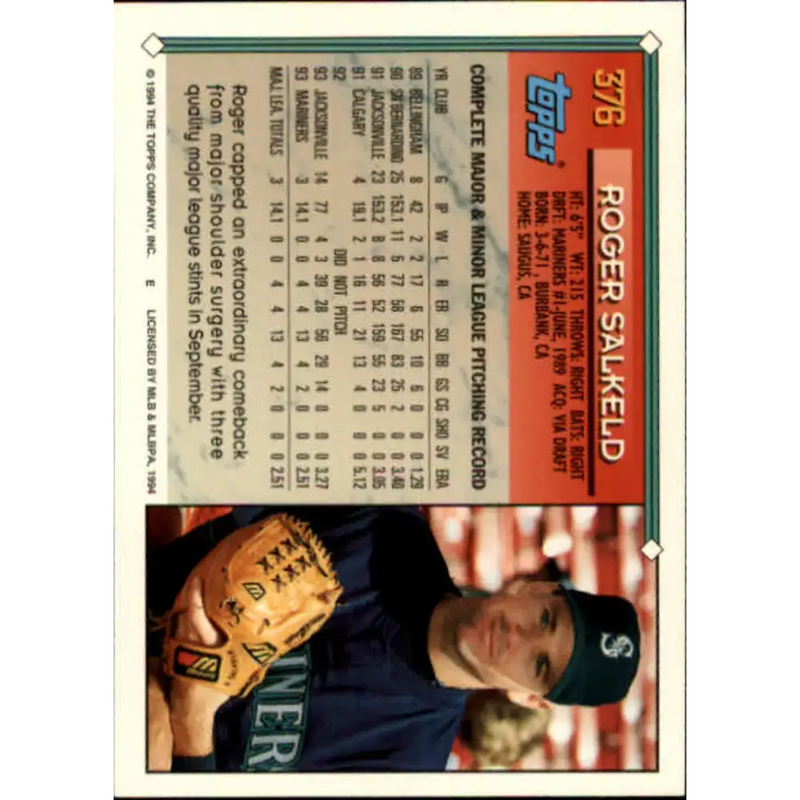 1994 Topps #376 Roger Salkeld EX Excellent Seattle Mariners Baseball Card - Baseball Card Single