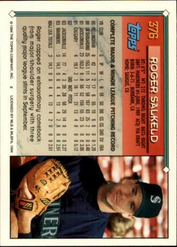 Original gloss Roger Salkeld baseball card in 1994 Topps #376 NM-MT Mariners