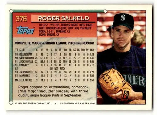 1994 Topps Roger Salkeld NRMT baseball card with pitching stats and personal info
