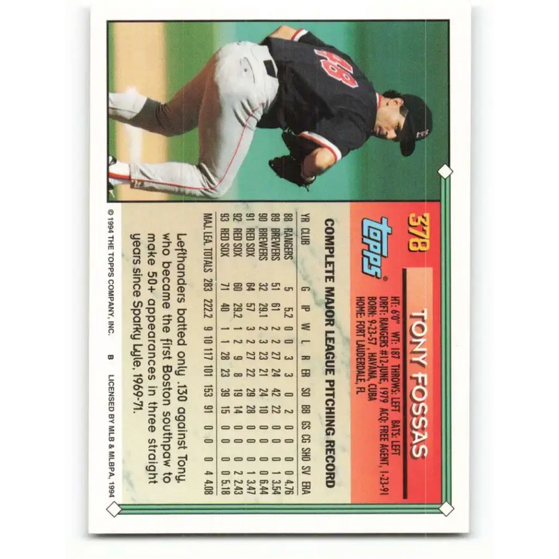 1994 Topps #378 Tony Fossas EX Excellent Boston Red Sox Baseball Card - Baseball Card Single