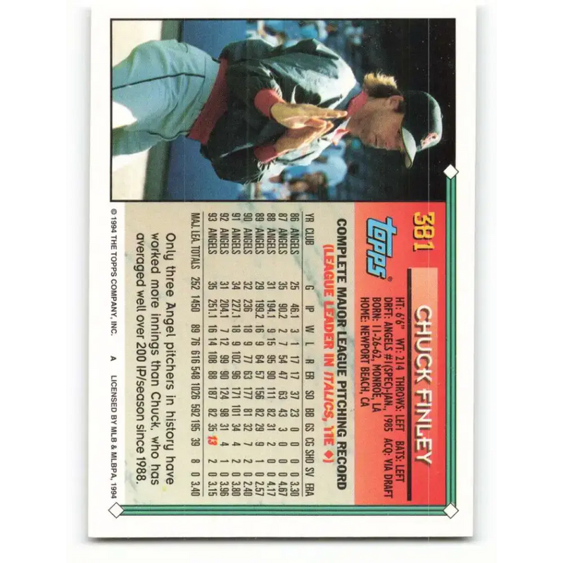 1994 Topps #381 Chuck Finley EX Excellent California Angels Baseball Card - Baseball Card Single