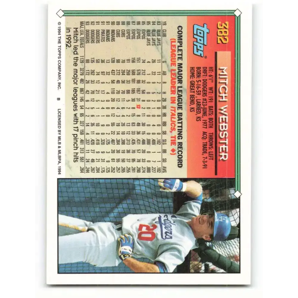 1994 Topps #382 Mitch Webster EX Excellent Los Angeles Dodgers Baseball Card - Baseball Card Single