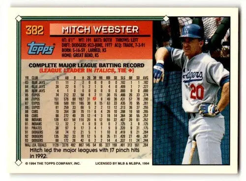 1994 Topps #382 Mitch Webster Los Angeles Dodgers Baseball Cards EX/ ID:61672 - Baseball Card Single