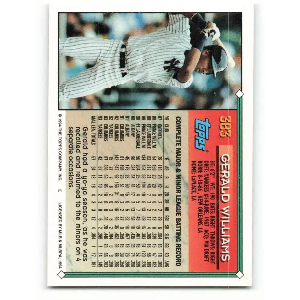 1994 Topps #383 Gerald Williams EX Excellent New York Yankees Baseball Card - Baseball Card Single