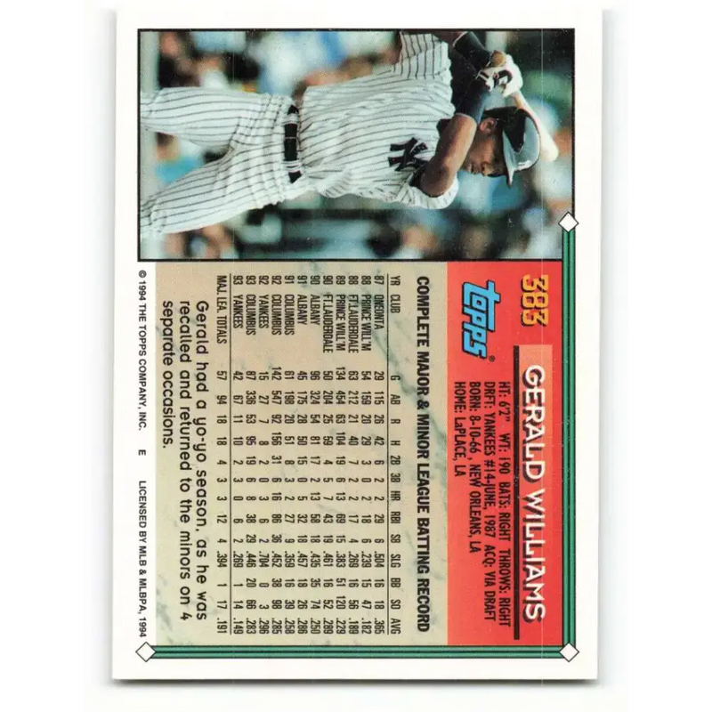 1994 Topps #383 Gerald Williams EX Excellent New York Yankees Baseball Card - Baseball Card Single