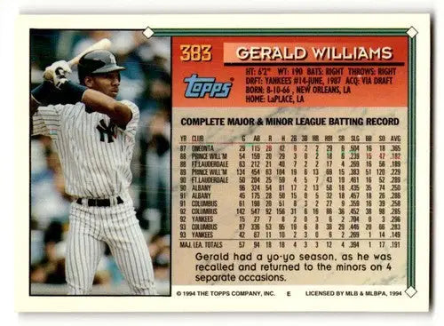 Original gloss of 1994 Topps Gerald Williams NrMt baseball trading card featuring Gerald Williams