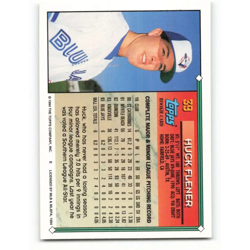 1994 Topps #39 Huck Flener EX Excellent RC Rookie Toronto Blue Jays Baseball Card - Baseball Card Single