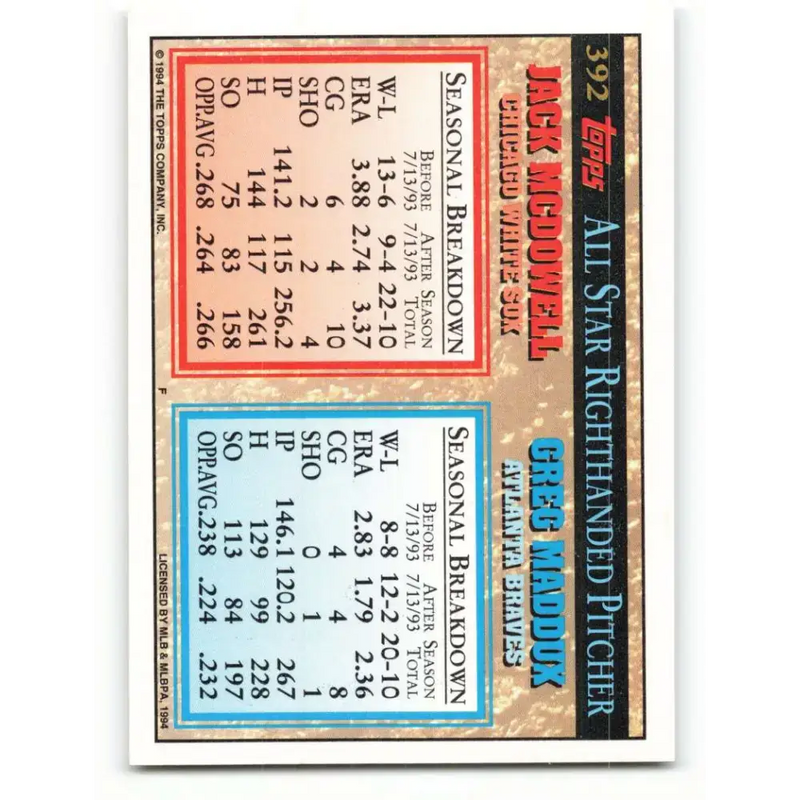 1994 Topps #392 Greg Maddux/Jack McDowell EX Excellent Atlanta Braves/Chicago White Sox Baseball Card - Baseball Card