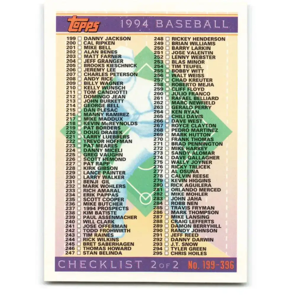 1994 Topps #396 Checklist 199-396 EX Excellent Checklist Baseball Card - Baseball Card Single