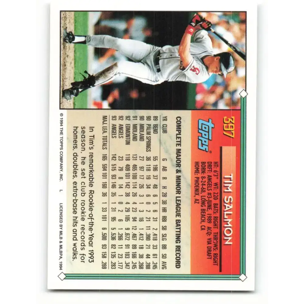 1994 Topps #397 Tim Salmon EX Excellent California Angels Baseball Card - Baseball Card Single