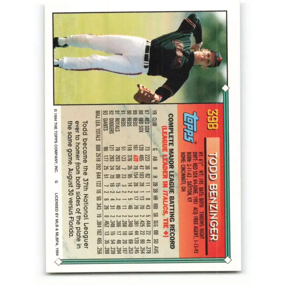 1994 Topps #398 Todd Benzinger EX Excellent San Francisco Giants Baseball Card - Baseball Card Single