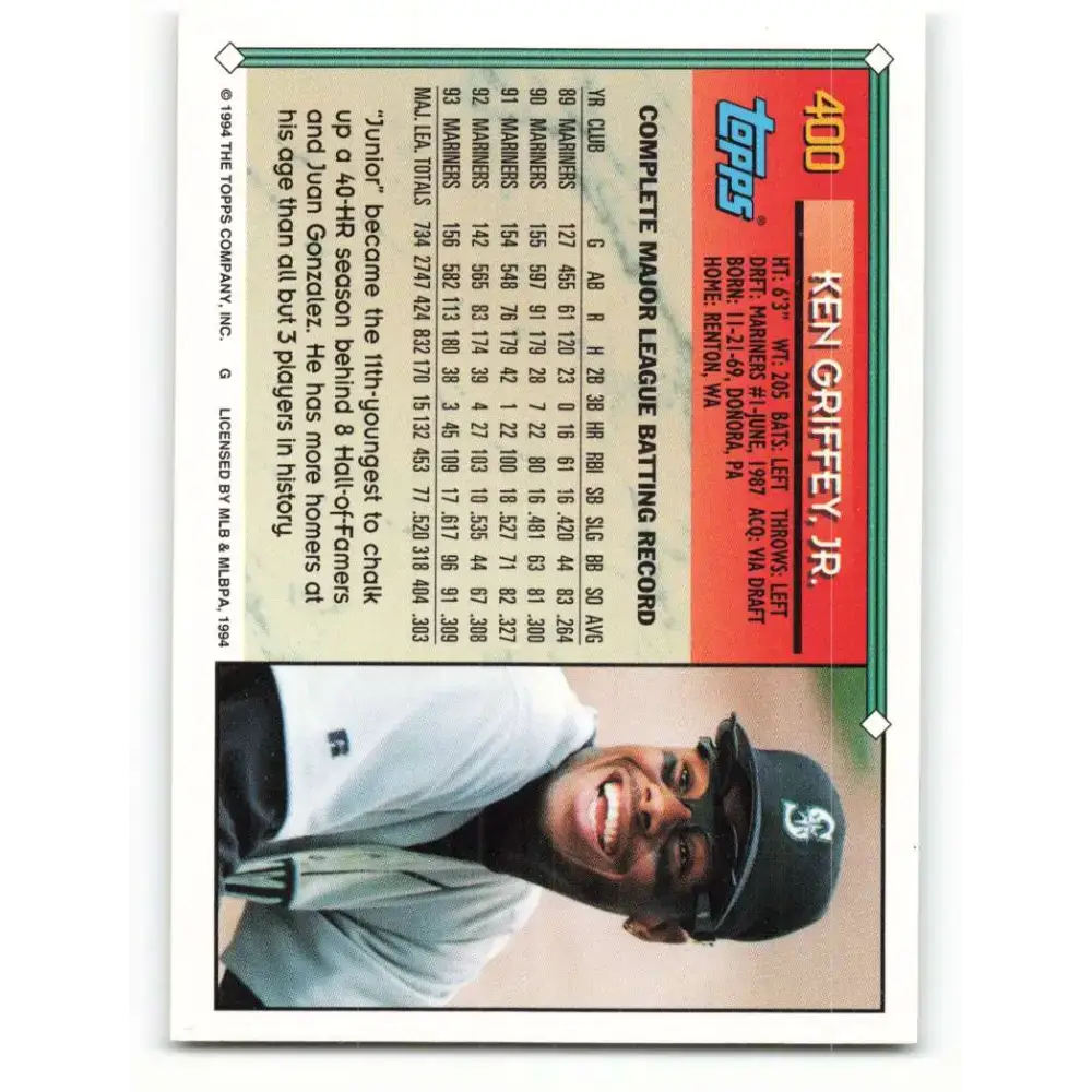 1994 Topps #400 Ken Griffey Jr. EX Excellent Seattle Mariners Baseball Card - Baseball Card Single