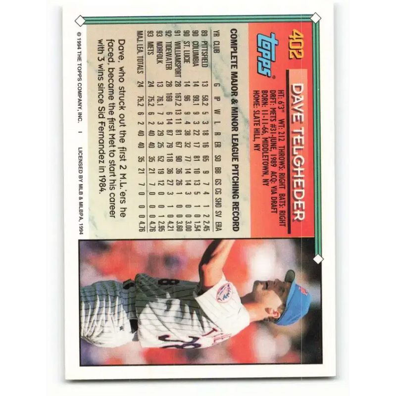 1994 Topps #402 Dave Telgheder EX Excellent New York Mets Baseball Card - Baseball Card Single