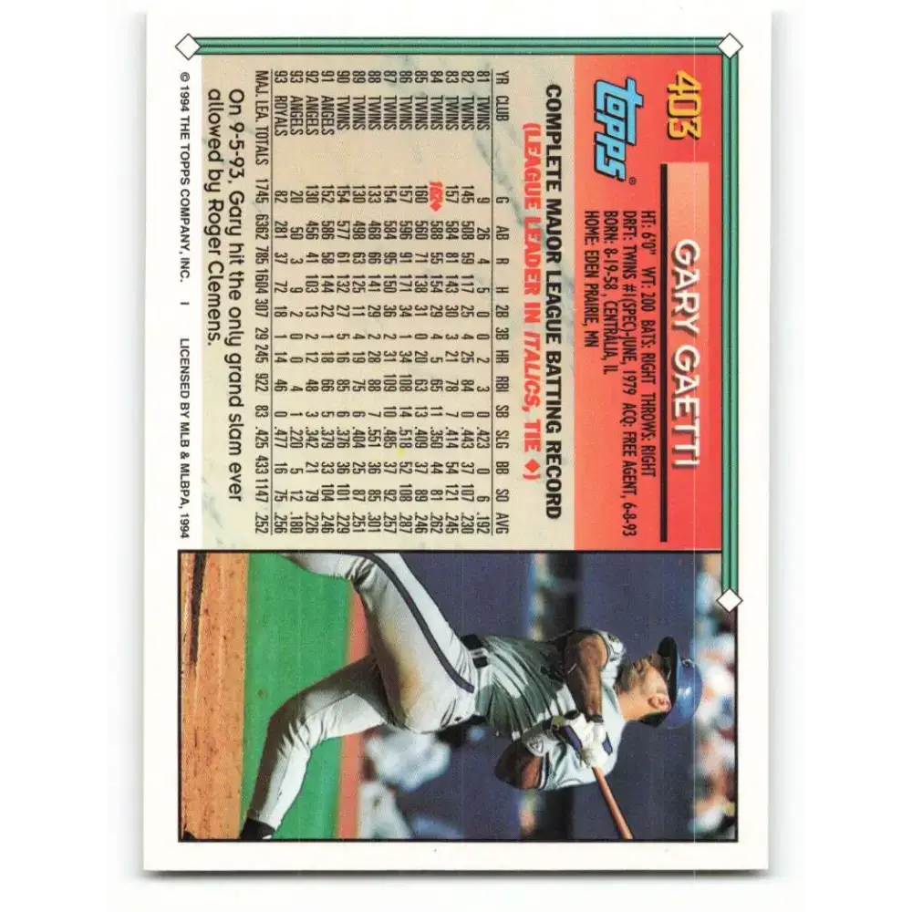 1994 Topps #403 Gary Gaetti EX Excellent Kansas City Royals Baseball Card - Baseball Card Single