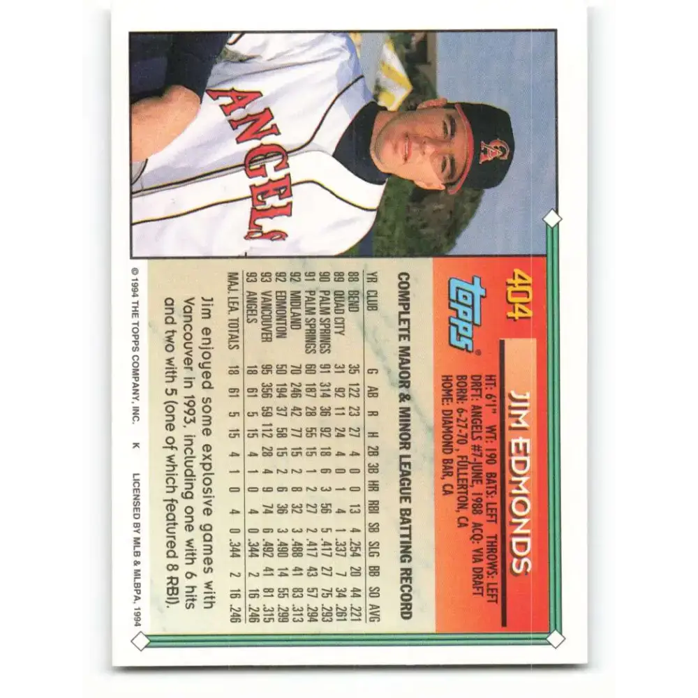 1994 Topps #404 Jim Edmonds EX Excellent California Angels Baseball Card - Baseball Card Single