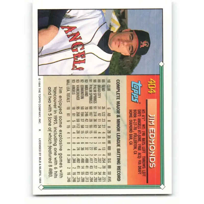 1994 Topps #404 Jim Edmonds EX Excellent California Angels Baseball Card - Baseball Card Single