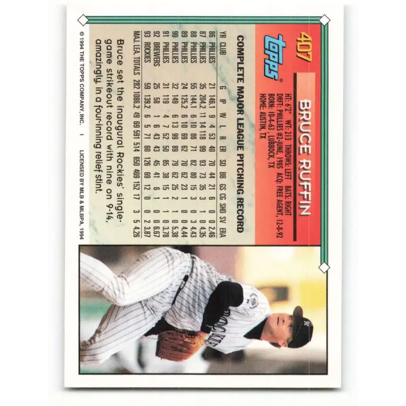 1994 Topps #407 Bruce Ruffin EX Excellent Colorado Rockies Baseball Card - Baseball Card Single