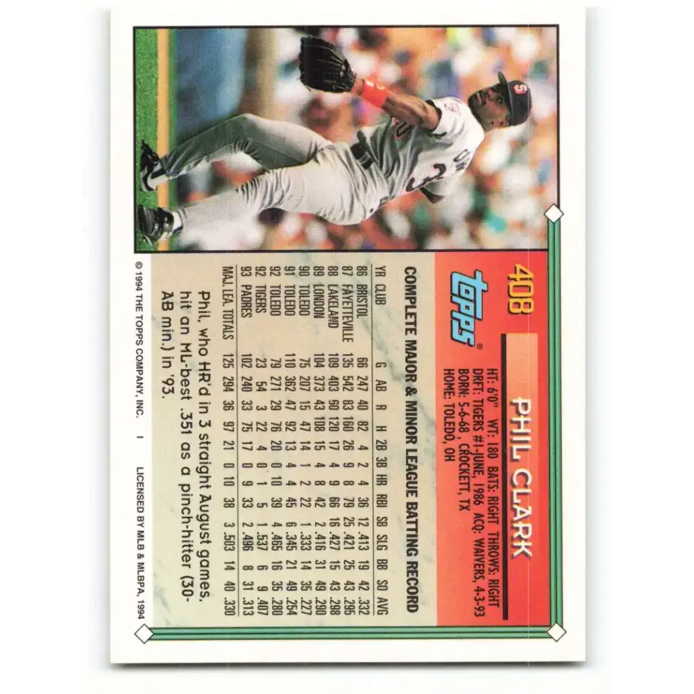 1994 Topps #408 Phil Clark EX Excellent San Diego Padres Baseball Card - Baseball Card Single