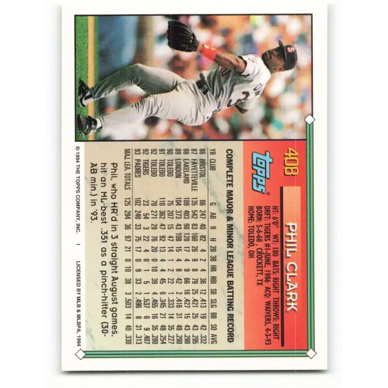 1994 Topps #408 Phil Clark EX Excellent San Diego Padres Baseball Card - Baseball Card Single