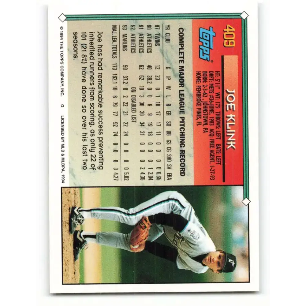 1994 Topps #409 Joe Klink EX Excellent Florida Marlins Baseball Card - Baseball Card Single