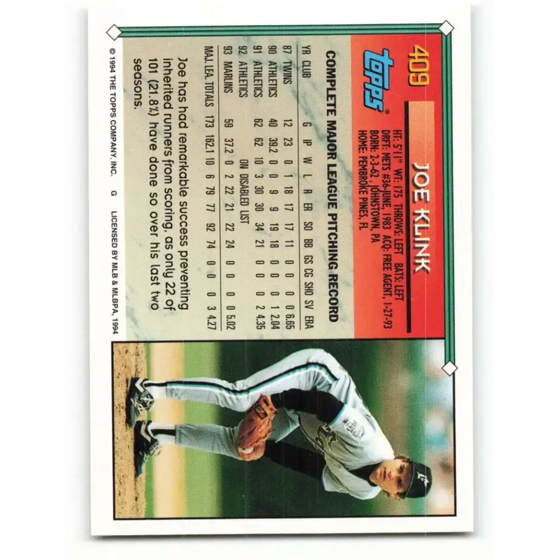 1994 Topps #409 Joe Klink EX Excellent Florida Marlins Baseball Card - Baseball Card Single