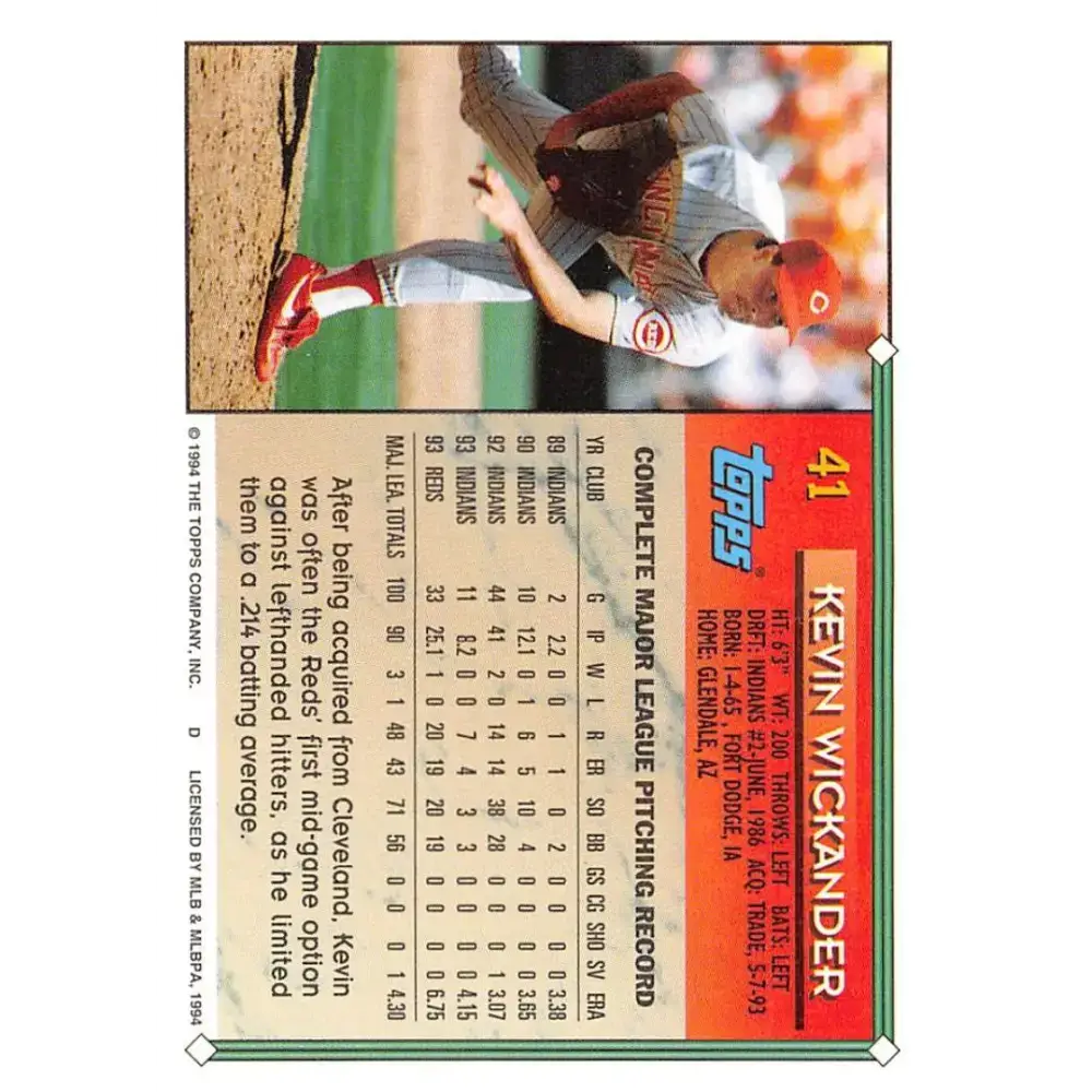 1994 Topps #41 Kevin Wickander EX Excellent Cincinnati Reds Baseball Card - Baseball Card Single