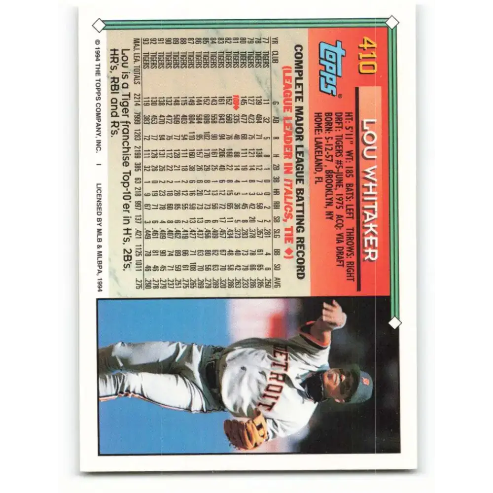 1994 Topps #410 Lou Whitaker EX Excellent Detroit Tigers Baseball Card - Baseball Card Single