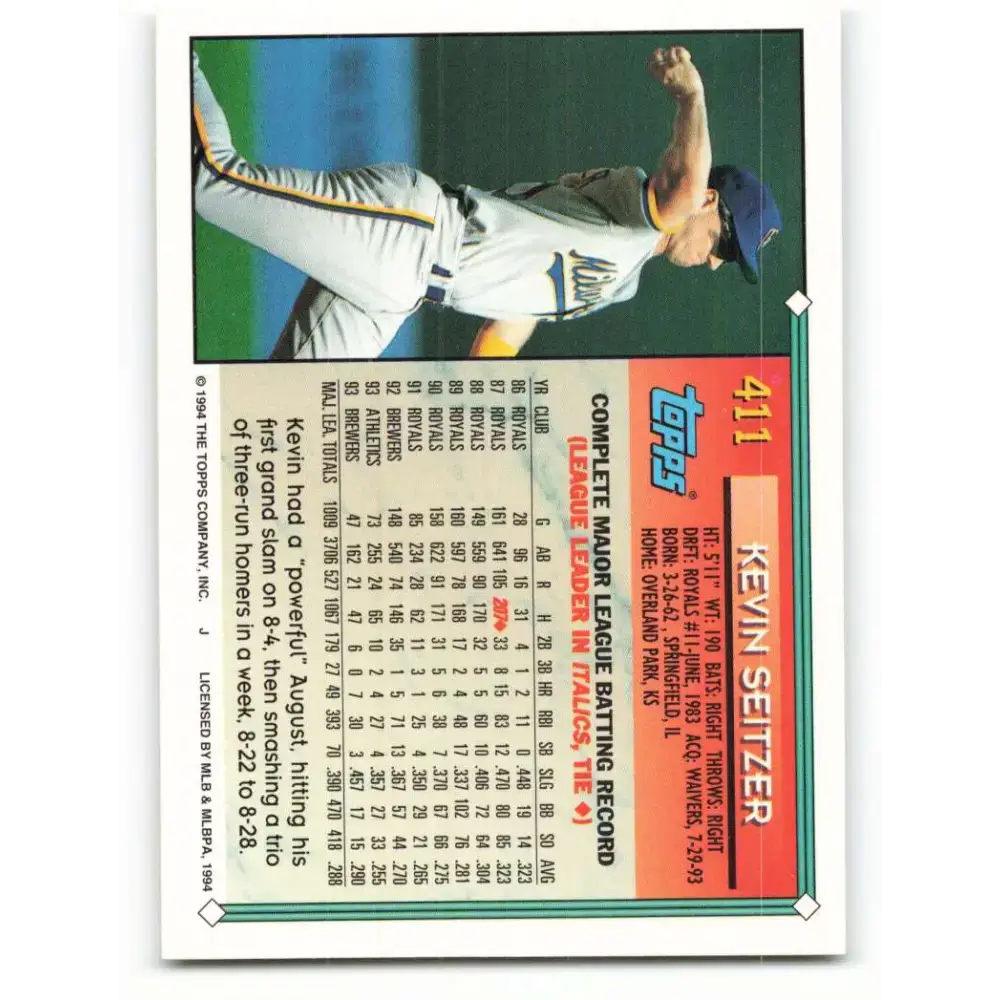 1994 Topps #411 Kevin Seitzer EX Excellent Milwaukee Brewers Baseball Card - Baseball Card Single